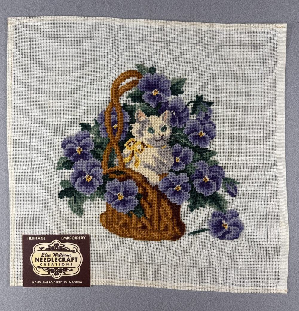 Vintage Elsa Williams Needlepoint Canvas Cat Violets Pansies Basket Madeira 2108